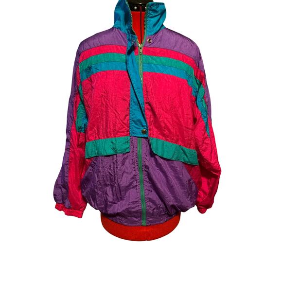 Vintage Natural Issue Women's Large Bright Retro 90s Windbreaker Jacket Zip Up - Picture 1 of 6